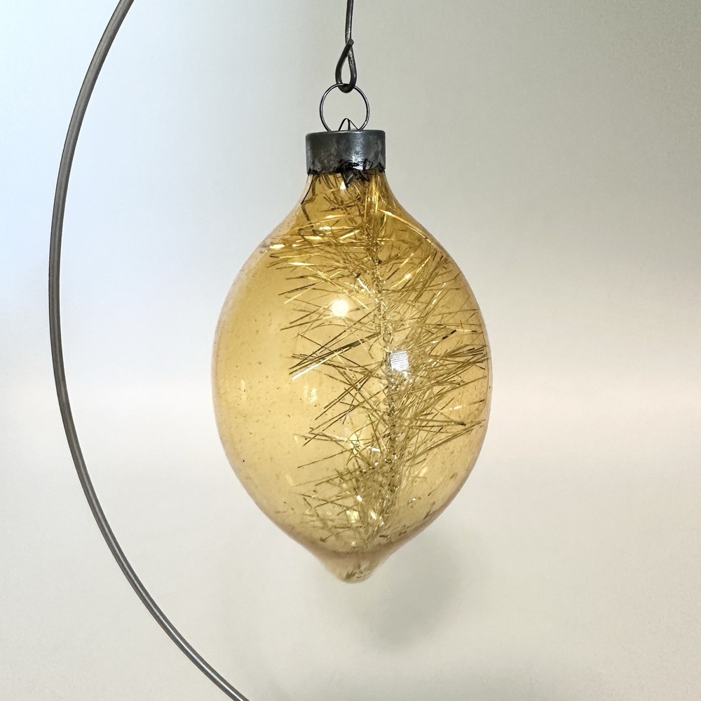 Vintage Yellow Glass Tinsel Teardrop Christmas Ornament Made In US of A USA